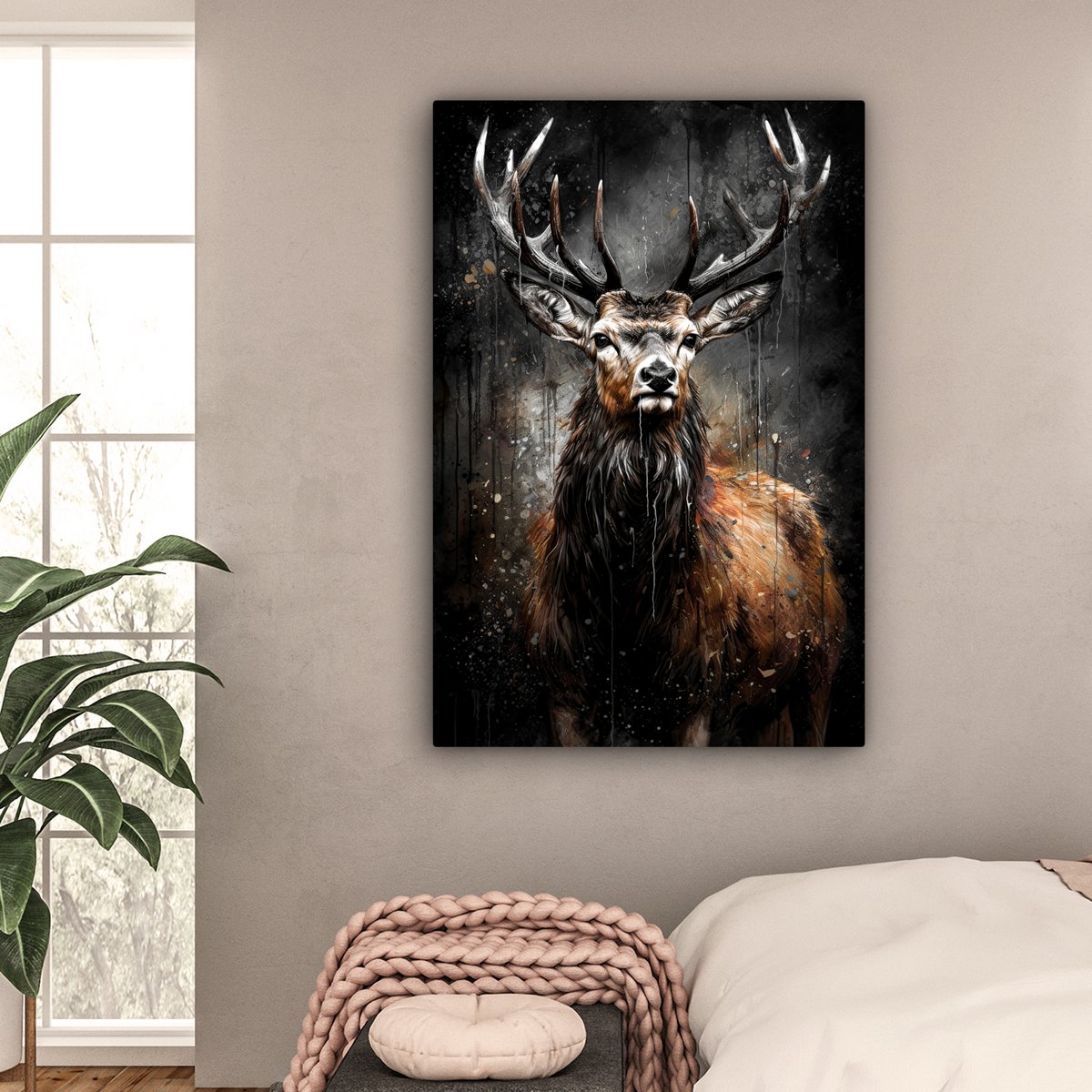 Leinwand Malerei - Wanddekoration Hert - Schwarz - Tier - Hirschbett - Wanddekoration Wohnzimmer - Schlafzimmer Dekoration - Raumzubehör - Leinwand Gemälde