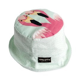 A mint green children's bucket hat featuring a vibrant flamingo print design. The hat has a round, bucket-style shape and appears to be made of a soft, plush material. The flamingo design includes bright pink, orange, and black elements that create a playful and whimsical look.