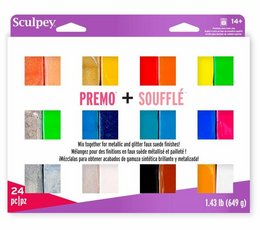  Multipack of 24 Sculpey Premo and Soufflé polymer clay blocks in a variety of vibrant colors including orange, yellow, red, green, blue, and more. Ideal for DIY crafting and sculpting projects.