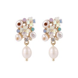 Elegant drop earrings featuring a cluster of colorful stones and pearls in a gold-tone setting.