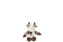 A small, plush cow toy with a scarf, made of a polyester mix material.
