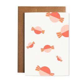 Greeting card with a repeating pattern of pink and orange abstract shapes resembling candies or bonbons.