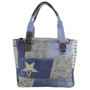 Sunsa Women's Sustainable Handbag. Shoulder bag made from recycled jeans, canvas (canvas) & leather. Bag in vintage retro style. Large shopper women's bag in patchwork design