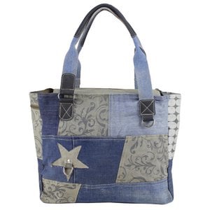 Sunsa Women's Sustainable Handbag. Shoulder bag made from recycled jeans, canvas (canvas) & leather. Bag in vintage retro style. Large shopper women's bag in patchwork design