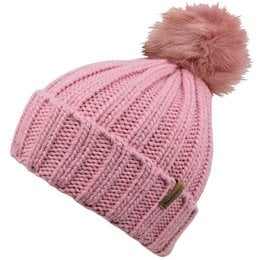 Cozy pink knitted beanie with a fluffy pom-pom, perfect for keeping warm during the winter season. The hat features a ribbed pattern and a soft, plush texture.