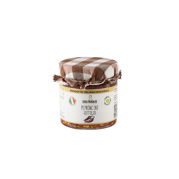 Organic chili peppers in oil, made in Italy. Glass jar with checkered lid.