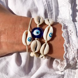 Armband Muschel & Blaues Auge aus Glas