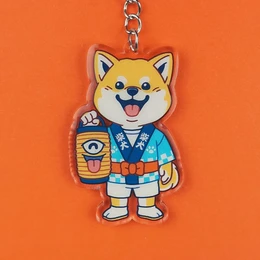  Recycled acrylic keychain with a cute cartoon character design, featuring a round, smiling character standing in front of a convenience store display.