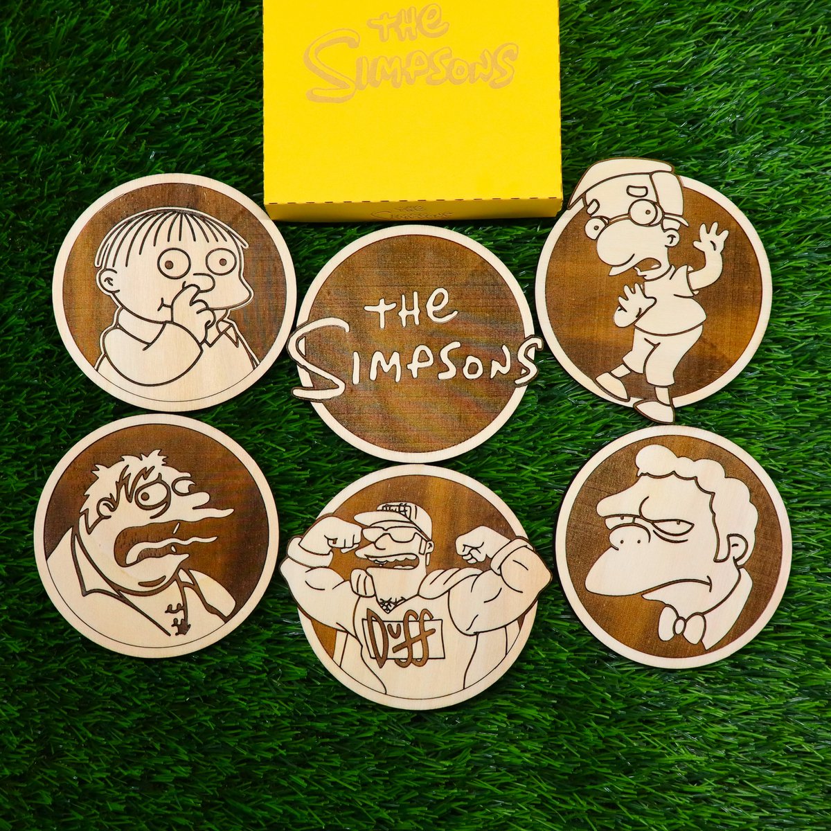 Set of 6 Colorful Wooden Simpsons Coasters, Logo, Ralph, Milhouse, Barney, Duffman, Moe, Unique Gift, Geek Home Decor, Housewarming