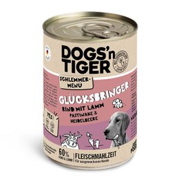 Wet dog food in 400g and 800g cans, with beef, lamb, parsnip, and blueberries. Grain-free and suitable for adult dogs.
