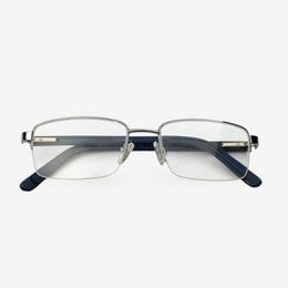 Silver-toned rectangular eyeglasses with a sleek, modern design.