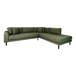 Lido Corner Sofa With Open End - Olive Green Velvet, Black Wood Legs, right-facing, 220x257x76 cm