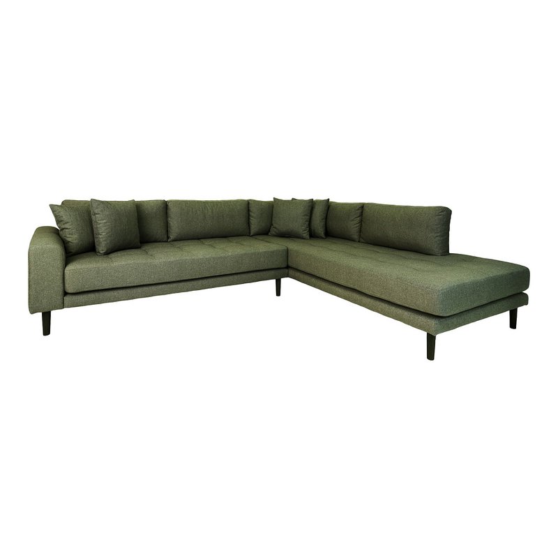 Lido Corner Sofa With Open End - Olive Green Velvet, Black Wood Legs, right-facing, 220x257x76 cm
