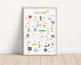 Colorful alphabet poster featuring various objects and icons representing different letters of the alphabet. Suitable for decorating a child's room or nursery.