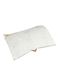 Marbled leather handbag with a minimalist design and a neutral color palette, featuring a rectangular shape and a zipper closure for secure storage.