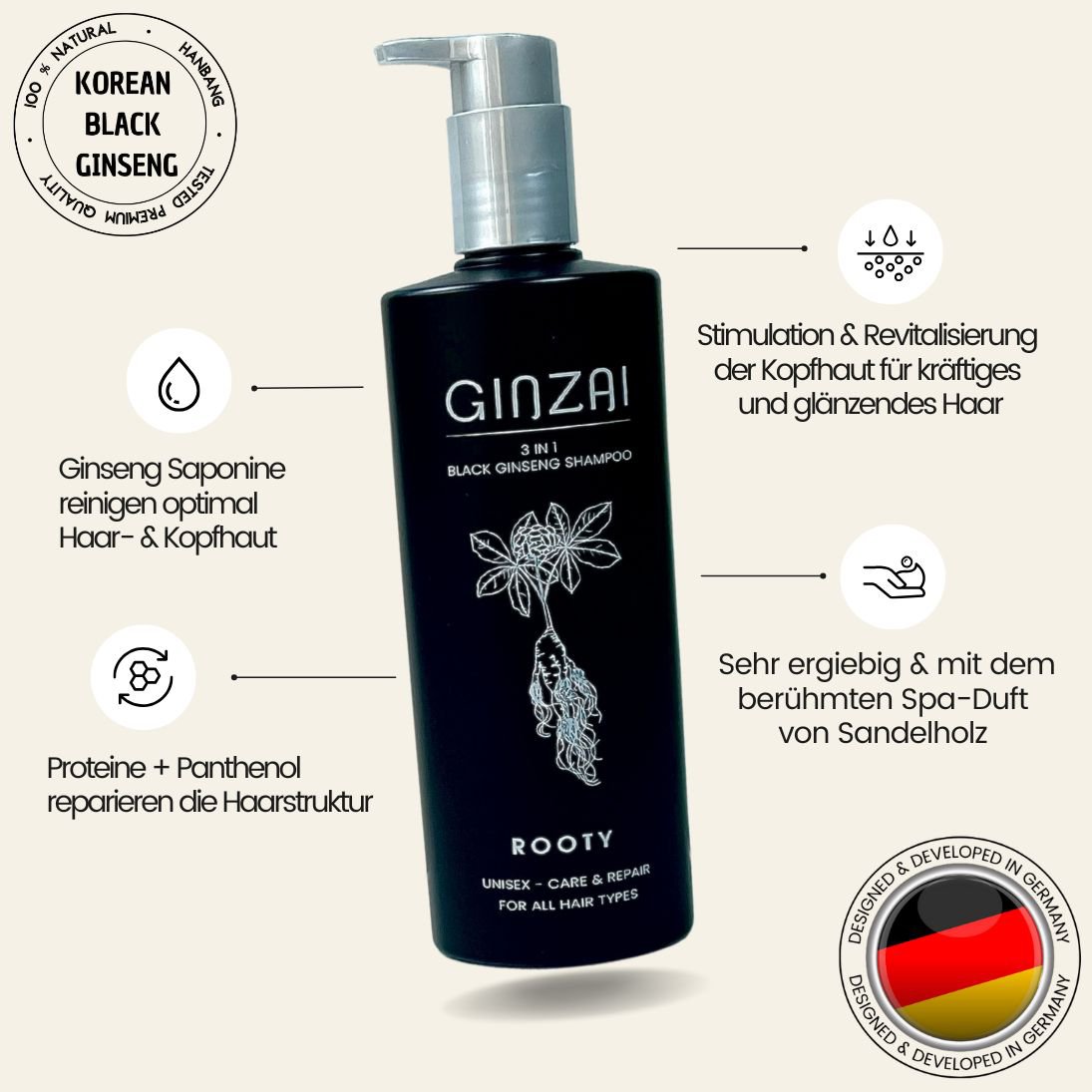ROOTY - Shampoing 3en1 au Ginseng Noir