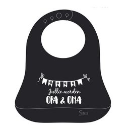 Silicone bib with receptacle for grandparents. Black bib with text "Hello world, opa & oma" and decorative elements.