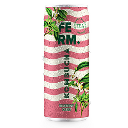 Ferm Kombucha Blueberry Cassis - A refreshing tea beverage with blueberry and cassis flavors, packaged in a vibrant, striped can.