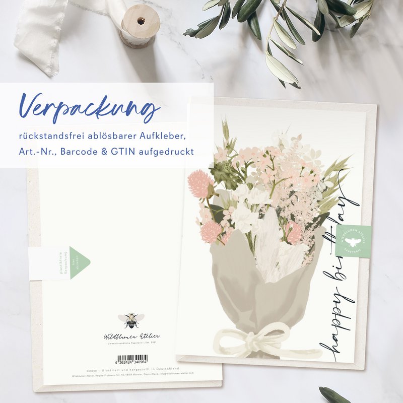 Foldekort 'happy birthday' med lyserøde blomster, inklusive kuvert