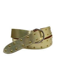 A long, olive-colored leather belt with gold-colored studs evenly spaced along the length of the belt.