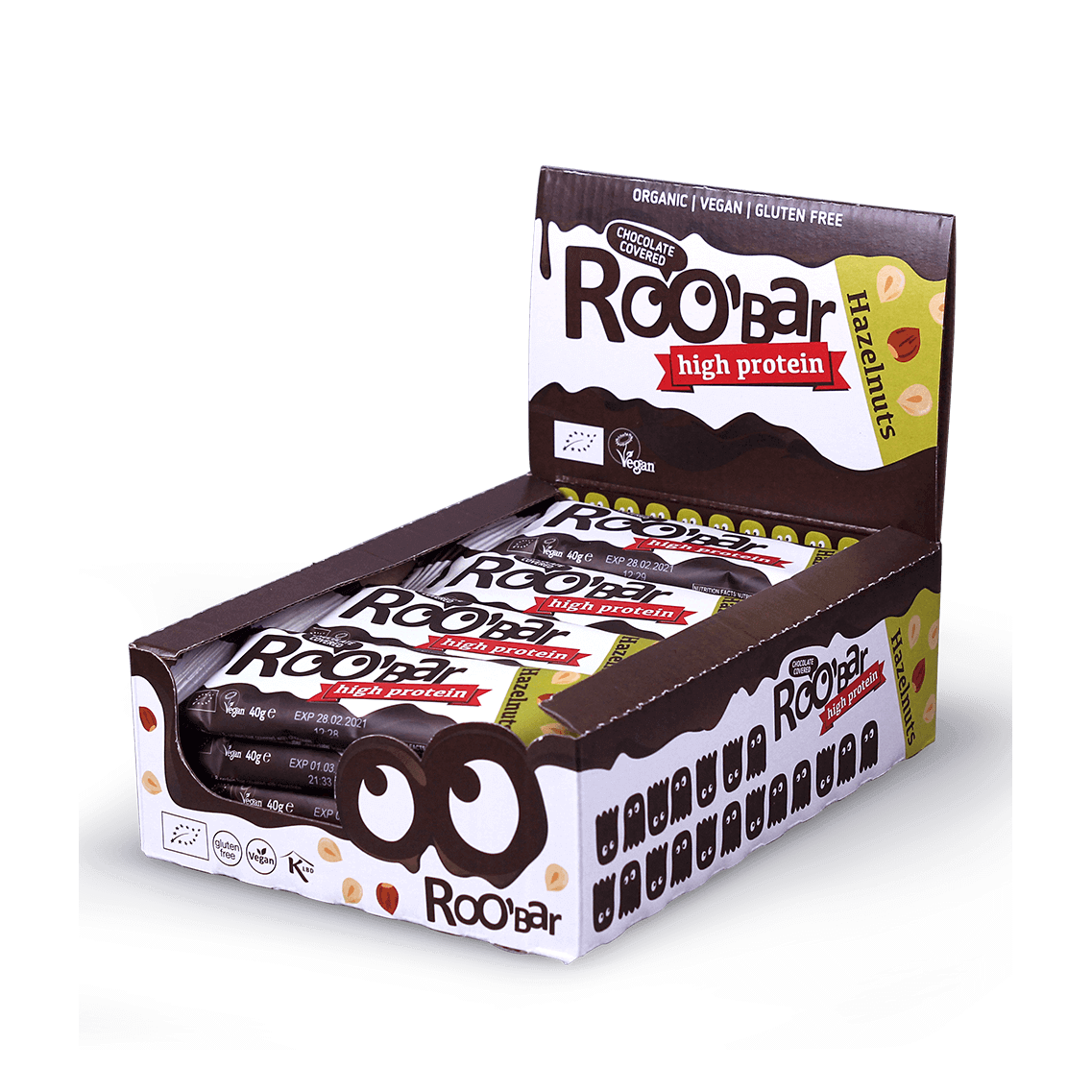 Hazelnut Protein Bar Covered With Chocolate, organic, Roobar, 40g