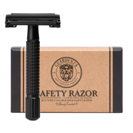 A matte black double-edge safety razor with a classic, barbershop-inspired design. Features a butterfly opening mechanism for easy blade changes.