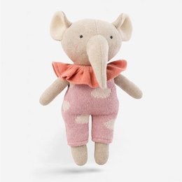 Soft, plush knitted bear toy with gray and white striped outfit. Cute, cuddly design perfect for children.