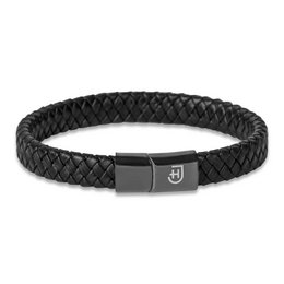 Black braided leather bracelet with metal clasp closure.