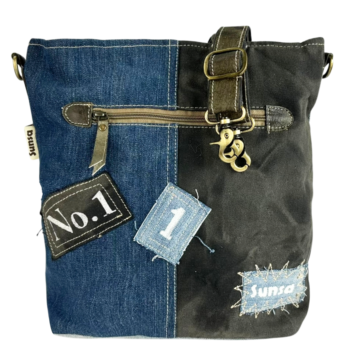Sac bandoulière femme Sunsa. Sac bandoulière en jean et toile upcyclés. Sac à main style rétro vintage. Sac bandoulière pour femme.