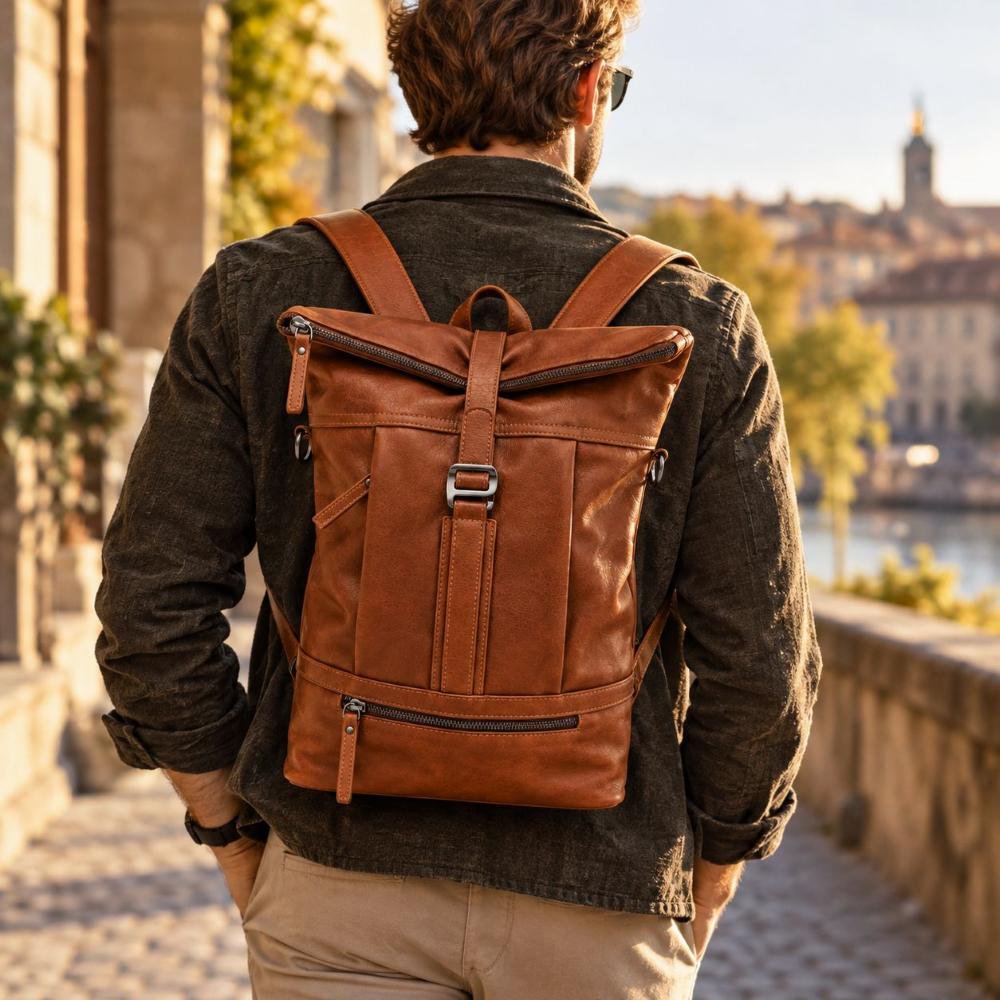 Rolltop Backpack Rucksack Leder Cognac