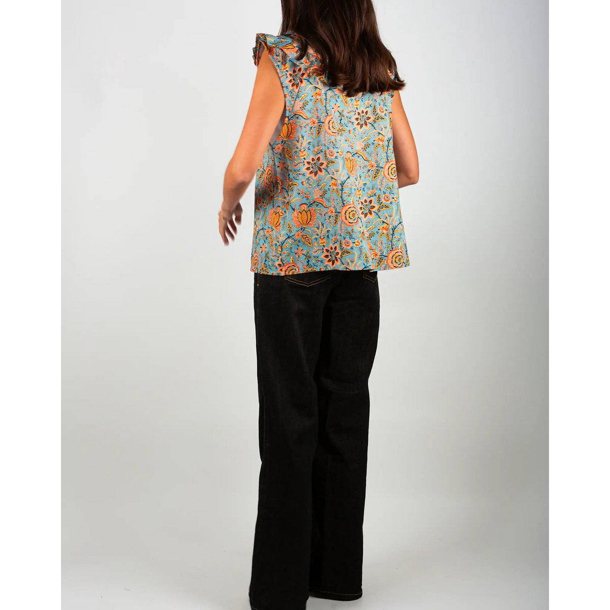 La blouse femme sans manches à volants Lolem bleu
