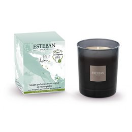 Black cylindrical scented candle, Pur Lin fragrance, minimalist luxury design, glass container with label.