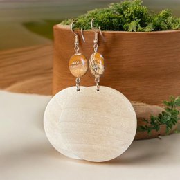 Minimalist Earrings: Natural Wood Discs, Mother-of-Pearl & Jasper Beads — Stainless Steel — Boho-Ethno Style
