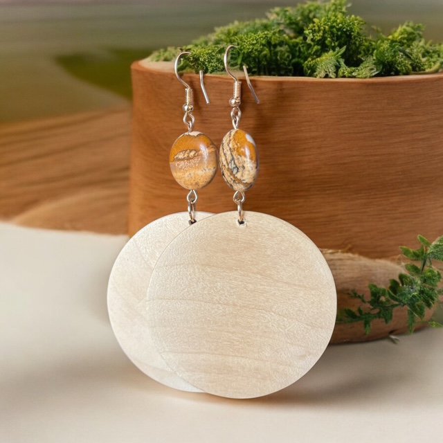 Minimalist Earrings: Natural Wood Discs, Mother-of-Pearl & Jasper Beads — Stainless Steel — Boho-Ethno Style