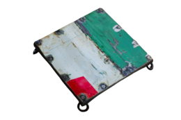 Recycled oil barrel coaster, square shape, various colors including red, blue, yellow, orange, and grey.