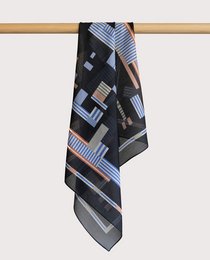 Black and blue silk blend scarf with hidden animal patterns, measuring 60x60 cm.
