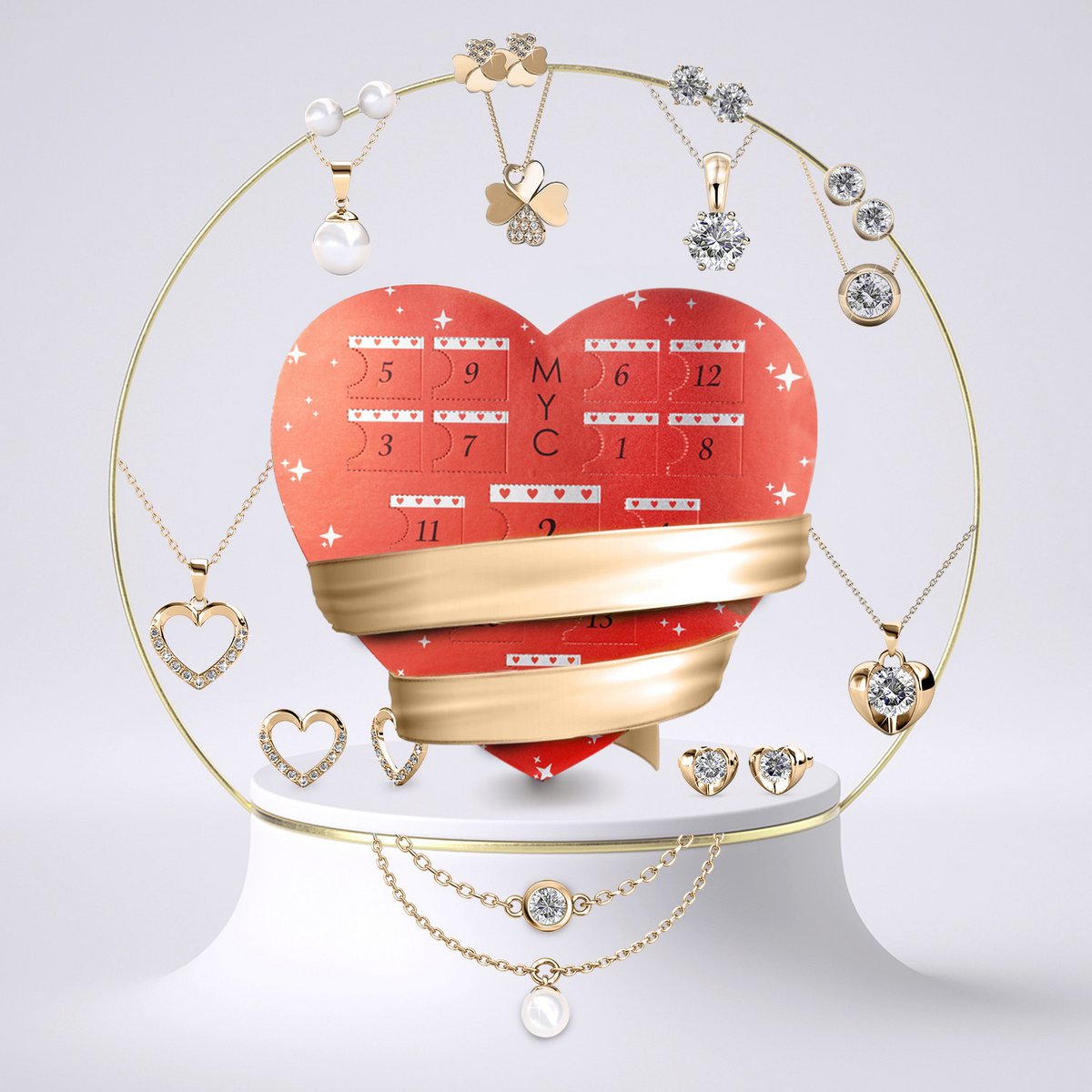 Adventskalender Herzbox – 14 Schmuckstücke – Gold-Finish