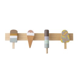 A wooden coat rack with 5 hooks in the shape of ice cream cones in various colors and designs.