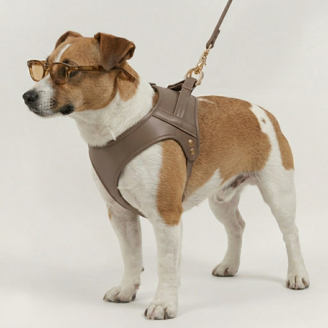 HARNAIS CHURCHILL. Café – Harnais chien cuir vegan rembourré
