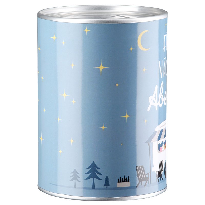Spardose, zylindrisch, "Camperglück", Spruch, Wohnmobilmotiv, Metall, blau, VE 18, H. 12 cm, D. 8.5 cm