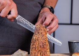 Knife - Serrated bread/pastry knife with bamboo Saya and bamboo box - 200 mm blade