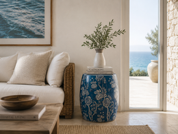 Blue porcelain pouf with white decorations h 45 x Ø 28 cm
