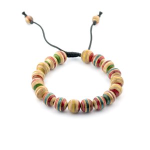 Gerecyclede skateboards houten armband, rood, unisex, verstelbaar, 10 mm kralen