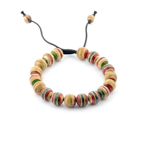 Armband aus recyceltem Skateboards-Holz, rot, Unisex, verstellbar, 10 mm Perlen
