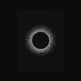 Silver foil print of a new moon on a dark background.