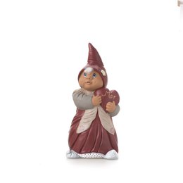 A decorative figurine of a gnome-like creature with a red hat and robe, holding a heart-shaped object. The figurine appears to be made of ceramic or porcelain and is suitable for use as a standing decoration.