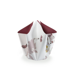 Folding vase in a unique bow shape with a white and burgundy color scheme.