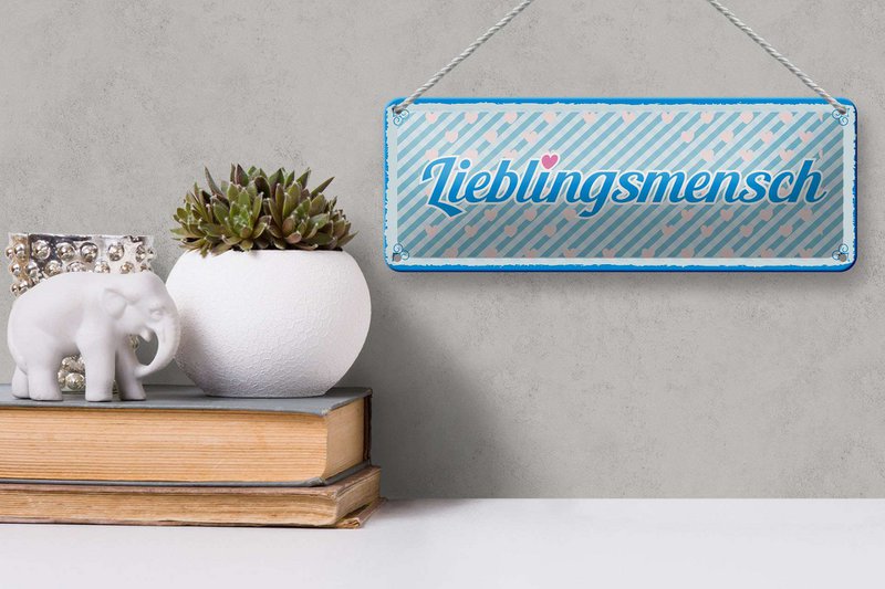 Blechschild Spruch 27x10 cm Lieblingsmensch blaues Herz Deko Schild