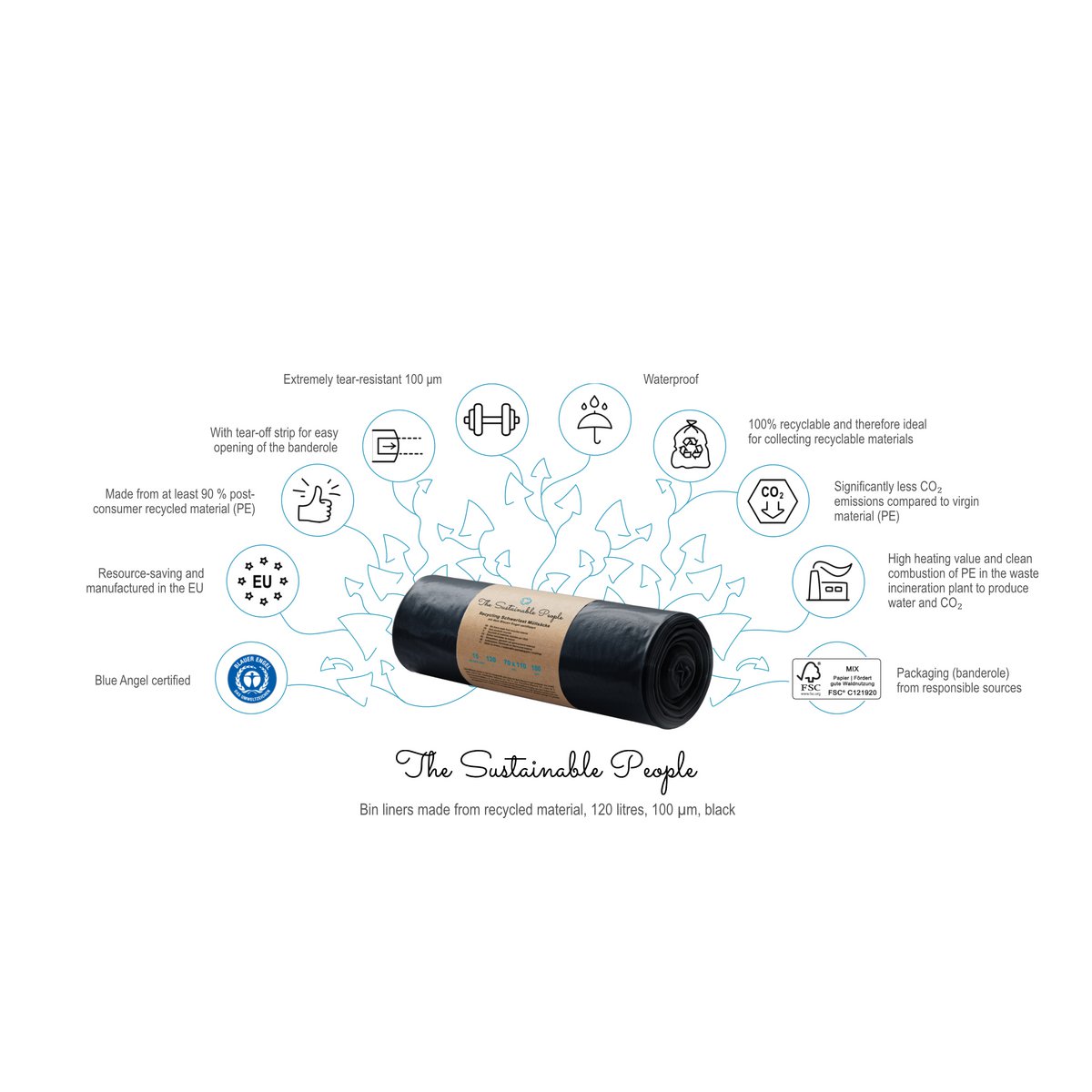 Recycled Heavy-Duty Garbage Bags 120l, 100 µm, black