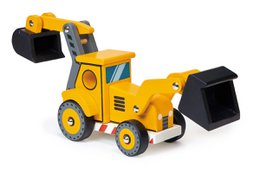  Yellow and black toy excavator with movable bucket arm, construction vehicle toy for children.